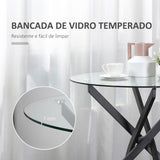 Mesa de Sala de Jantar Redonda com Bancada de Cristal Temperado Transparente e Pés Cruzados de Metal Mesa de Centro Moderna Ø80x75cm Preto