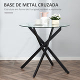 Mesa de Sala de Jantar Redonda com Bancada de Cristal Temperado Transparente e Pés Cruzados de Metal Mesa de Centro Moderna Ø80x75cm Preto