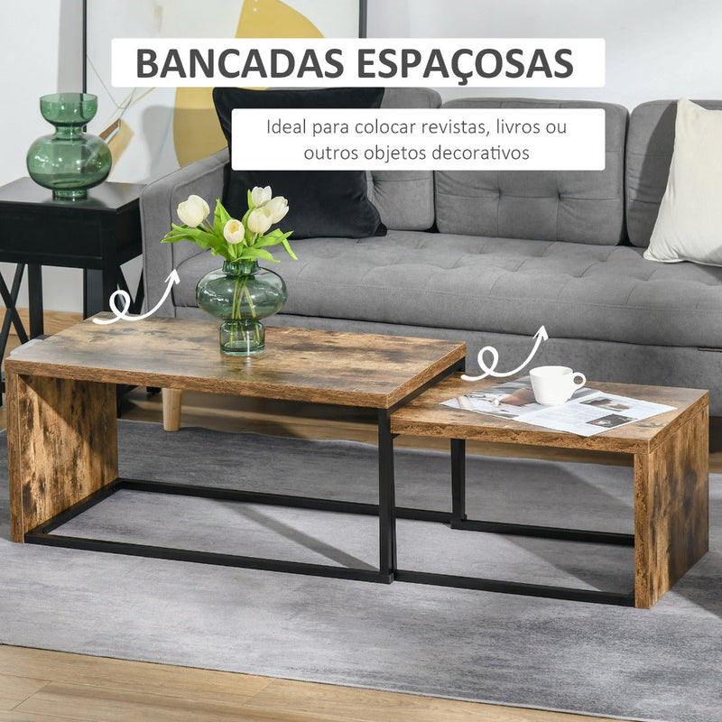 Conjunto de 2 Mesas de Centro Mesinhas de Café com Pés de Metal Estilo Industrial para Sala de Estar Sala de Jantar 90x48x42cm e 59x42x36cm Marrom Rústico