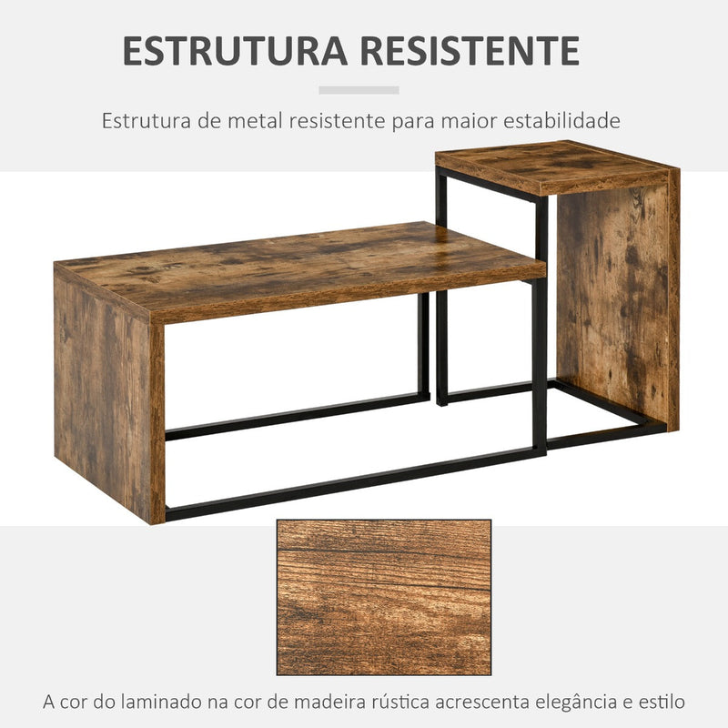 Conjunto de 2 Mesas de Centro Mesinhas de Café com Pés de Metal Estilo Industrial para Sala de Estar Sala de Jantar 90x48x42cm e 59x42x36cm Marrom Rústico