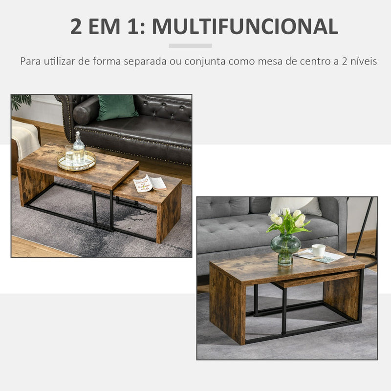 Conjunto de 2 Mesas de Centro Mesinhas de Café com Pés de Metal Estilo Industrial para Sala de Estar Sala de Jantar 90x48x42cm e 59x42x36cm Marrom Rústico