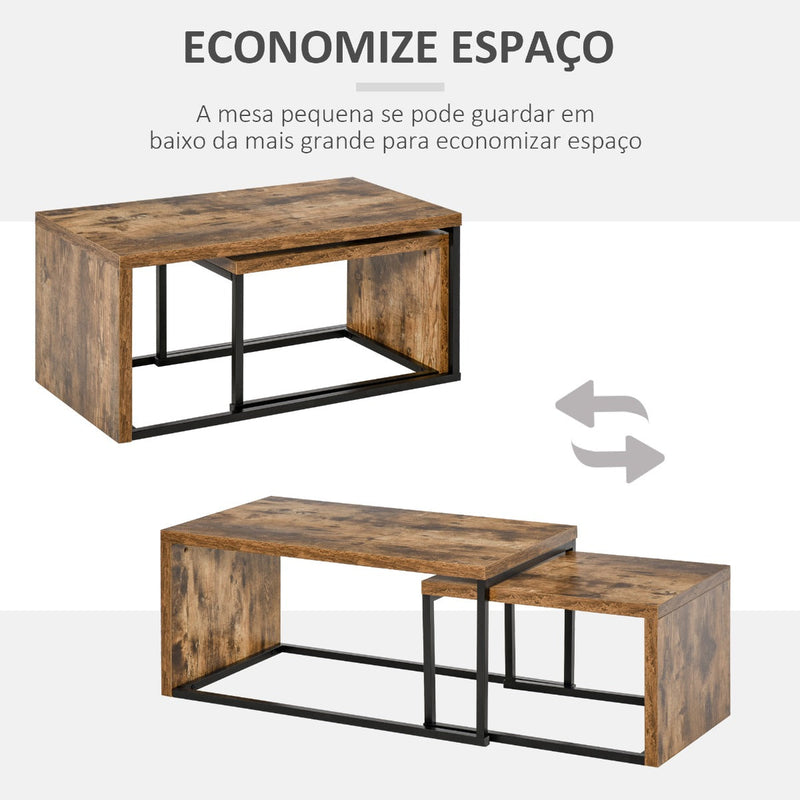 Conjunto de 2 Mesas de Centro Mesinhas de Café com Pés de Metal Estilo Industrial para Sala de Estar Sala de Jantar 90x48x42cm e 59x42x36cm Marrom Rústico