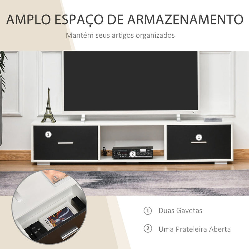 Móvel de TV para Televisores de até 60" Móvel de Sala de Estar Moderno com 2 Gavetas e Compartimento Aberto 140x30x32cm Branco e Preto