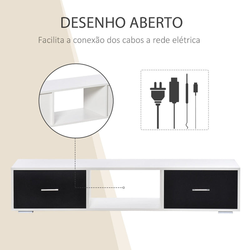 Móvel de TV para Televisores de até 60" Móvel de Sala de Estar Moderno com 2 Gavetas e Compartimento Aberto 140x30x32cm Branco e Preto