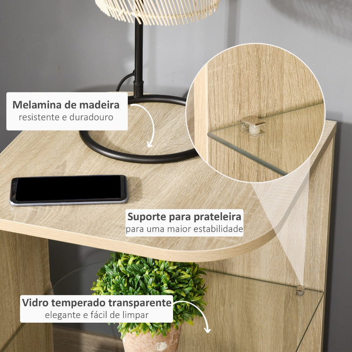 Mesa Auxiliar Moderna Mesa de Cabeceira com 3 Prateleiras 1 de Vidro para Sala de Estar Dormitório 40x40x56cm Madeira Natural
