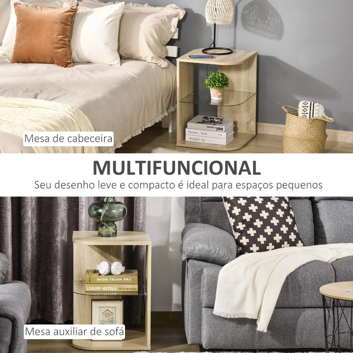 Mesa Auxiliar Moderna Mesa de Cabeceira com 3 Prateleiras 1 de Vidro para Sala de Estar Dormitório 40x40x56cm Madeira Natural
