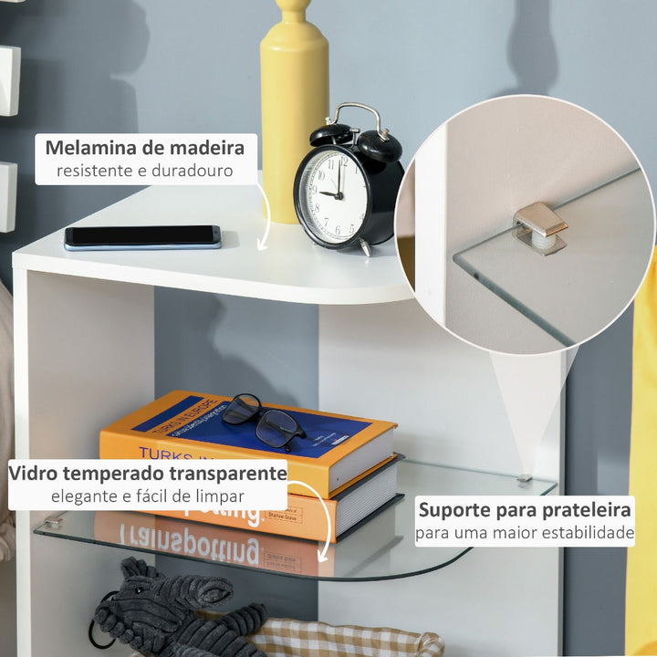 Mesa Auxiliar Moderna Mesa de Cabeceira com 3 Prateleiras 1 de Vidro para Sala de Estar Dormitório 40x40x56cm Branco