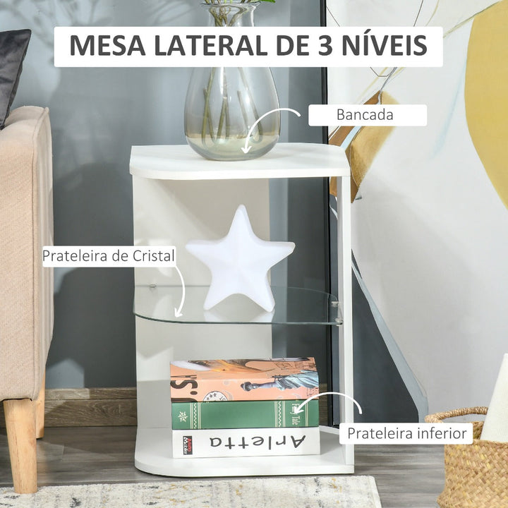 Mesa Auxiliar Moderna Mesa de Cabeceira com 3 Prateleiras 1 de Vidro para Sala de Estar Dormitório 40x40x56cm Branco