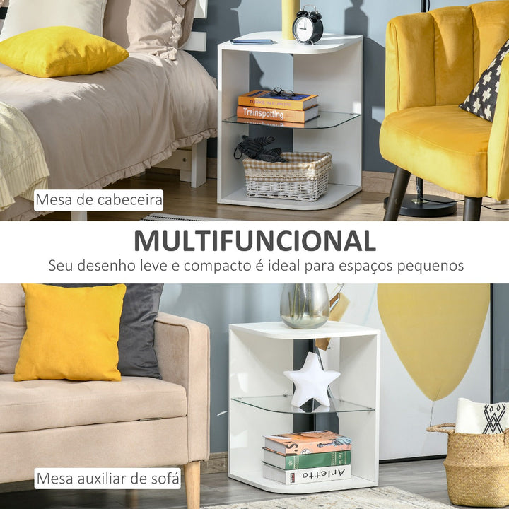 Mesa Auxiliar Moderna Mesa de Cabeceira com 3 Prateleiras 1 de Vidro para Sala de Estar Dormitório 40x40x56cm Branco