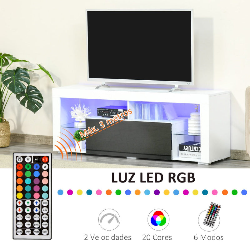 Móvel de TV para Sala de Estar com Iluminação LED 6 Modos de Cores Controle Remoto Gaveta e Prateleiras de Cristal Ajustáveis 140x35x52cm Preto e Branco Brilhante