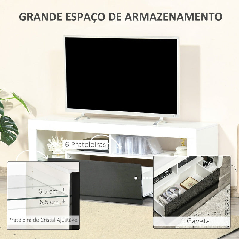 Móvel de TV para Sala de Estar com Iluminação LED 6 Modos de Cores Controle Remoto Gaveta e Prateleiras de Cristal Ajustáveis 140x35x52cm Preto e Branco Brilhante