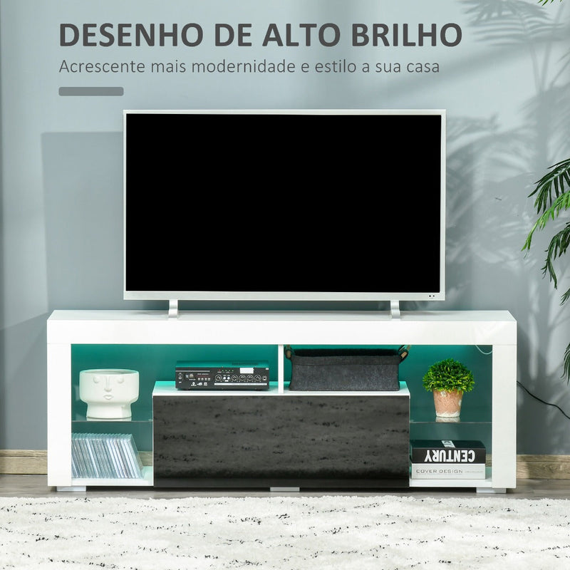 Móvel de TV para Sala de Estar com Iluminação LED 6 Modos de Cores Controle Remoto Gaveta e Prateleiras de Cristal Ajustáveis 140x35x52cm Preto e Branco Brilhante