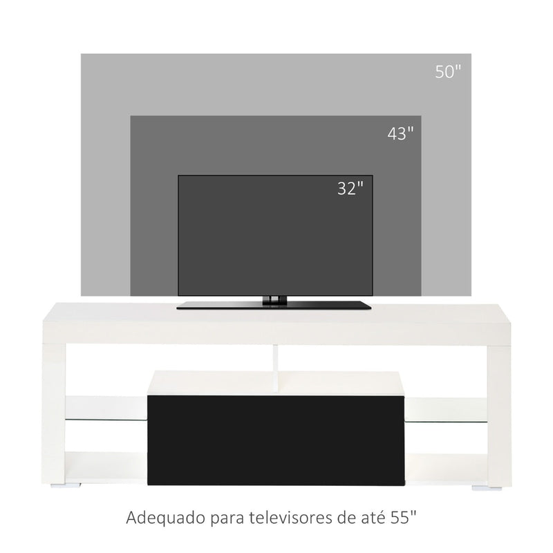 Móvel de TV para Sala de Estar com Iluminação LED 6 Modos de Cores Controle Remoto Gaveta e Prateleiras de Cristal Ajustáveis 140x35x52cm Preto e Branco Brilhante