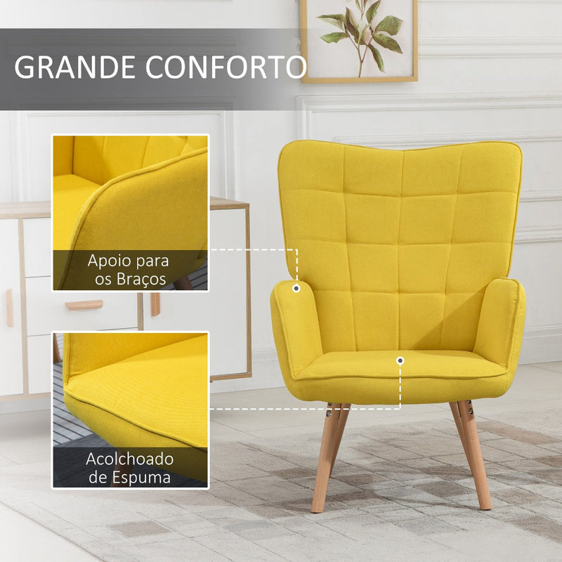 Poltrona de Sala de Estar Moderna Poltrona com Encosto Alto Apoio para os Braços Tecido de Linho e Pés de Madeira de Haya para Sala de Jantar Cozinha 71x68x101cm Amarelo