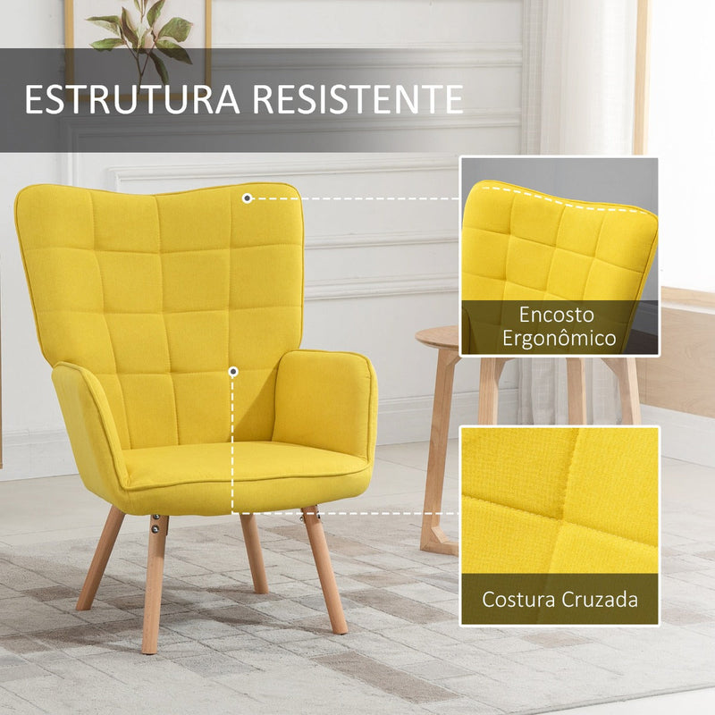 Poltrona de Sala de Estar Moderna Poltrona com Encosto Alto Apoio para os Braços Tecido de Linho e Pés de Madeira de Haya para Sala de Jantar Cozinha 71x68x101cm Amarelo