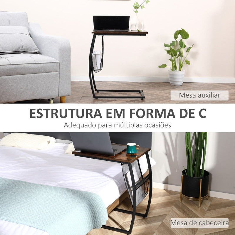 Mesa Auxiliar para Sofá e Cama em Forma de C com Bolso de Armazenamento Mesa Lateral de Estilo Industrial 53x35x64,5cm Marrom Rústico