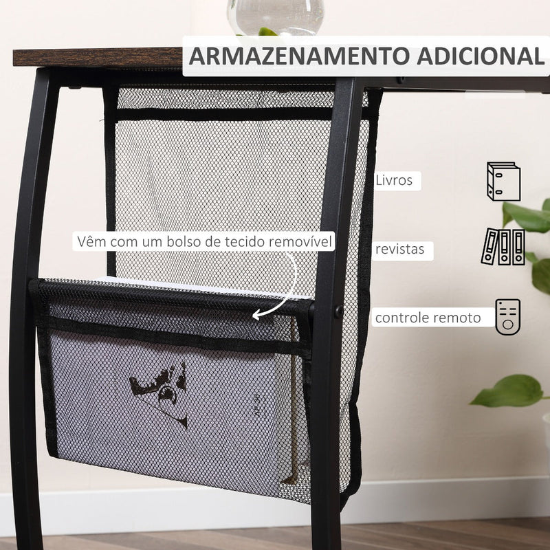 Mesa Auxiliar para Sofá e Cama em Forma de C com Bolso de Armazenamento Mesa Lateral de Estilo Industrial 53x35x64,5cm Marrom Rústico