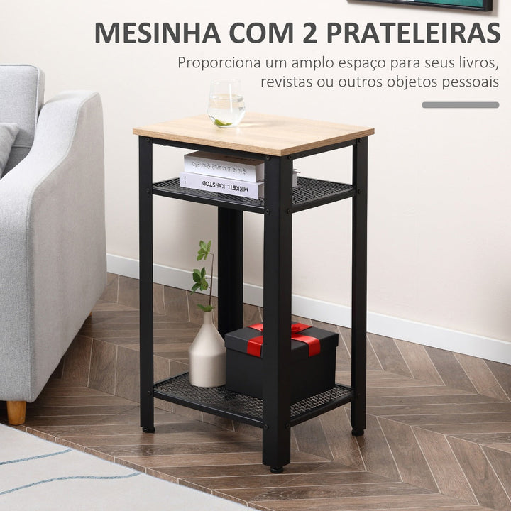 Mesa Auxiliar Mesa de Cabeceira Estilo Industrial com 2 Prateleiras de Grade de Metal e Pés Ajustáveis 45x35x75cm Carvalho e Branco