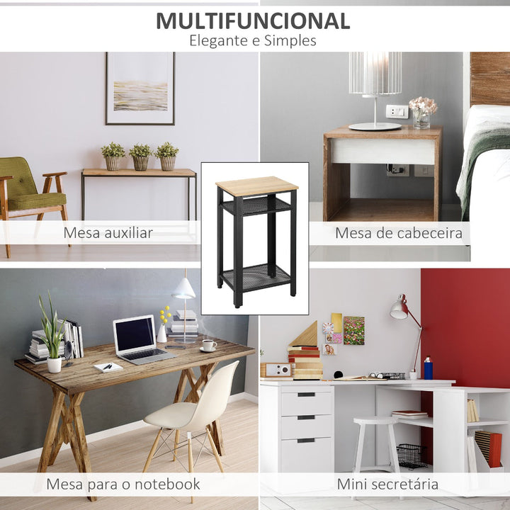 Mesa Auxiliar Mesa de Cabeceira Estilo Industrial com 2 Prateleiras de Grade de Metal e Pés Ajustáveis 45x35x75cm Carvalho e Branco