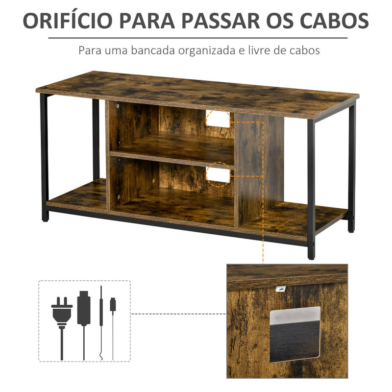 Móvel de TV até 55 Polegadas Móvel de TV Estilo Industrial com 4 Compartimentos Prateleira Ajustável e Orifício para Cabos 110x40x50cm Castanho Rústico