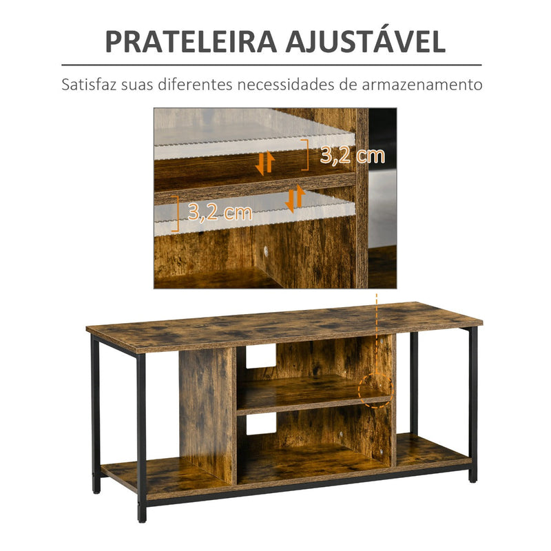 Móvel de TV até 55 Polegadas Móvel de TV Estilo Industrial com 4 Compartimentos Prateleira Ajustável e Orifício para Cabos 110x40x50cm Castanho Rústico