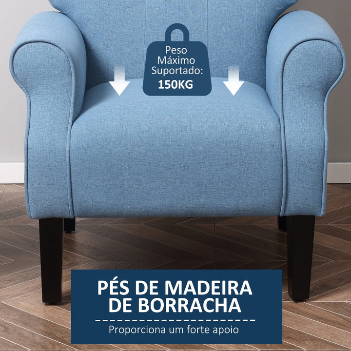 Poltrona de Sala de Estar Estofada Poltrona Relax com Apoio para os Braços Assento Acolchoado e Pés de Madeira Estilo Moderno para Dormitório 78x74x97cm Azul Claro