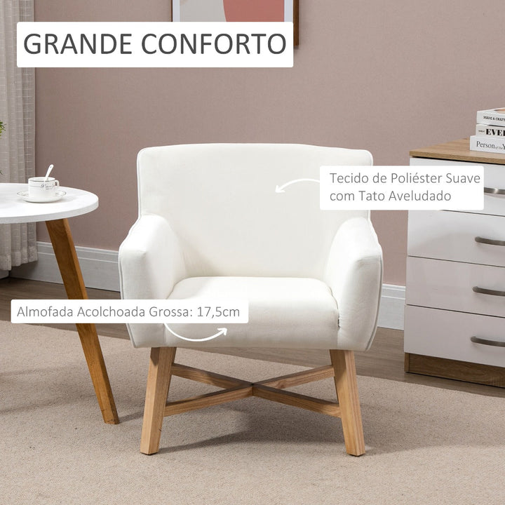 Poltrona de Sala de Estar Estofada em Veludo Poltrona Relax Moderna com Apoio para os Braços Acolchoados Pés de Madeira e Base Cruzada para Dormitório 67x65x74cm Branco Creme