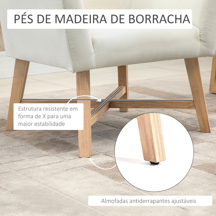 Poltrona de Sala de Estar Estofada em Veludo Poltrona Relax Moderna com Apoio para os Braços Acolchoados Pés de Madeira e Base Cruzada para Dormitório 67x65x74cm Branco Creme