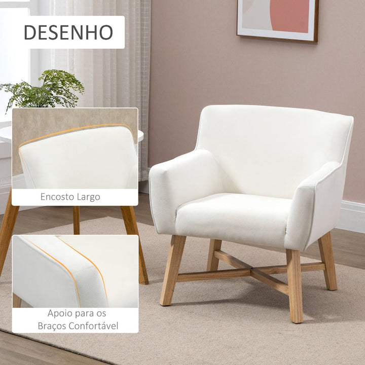 Poltrona de Sala de Estar Estofada em Veludo Poltrona Relax Moderna com Apoio para os Braços Acolchoados Pés de Madeira e Base Cruzada para Dormitório 67x65x74cm Branco Creme