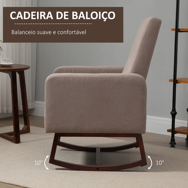 Poltrona Baloiço Estofada em Flanela Cadeira de Baloiço Relax com Assento Apoio para os Braços Acolchoados e Base de Madeira Ideal para Lactancia 72x75x105cm Marrom