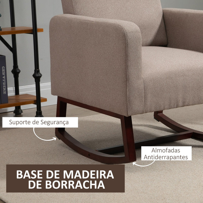 Poltrona Baloiço Estofada em Flanela Cadeira de Baloiço Relax com Assento Apoio para os Braços Acolchoados e Base de Madeira Ideal para Lactancia 72x75x105cm Marrom