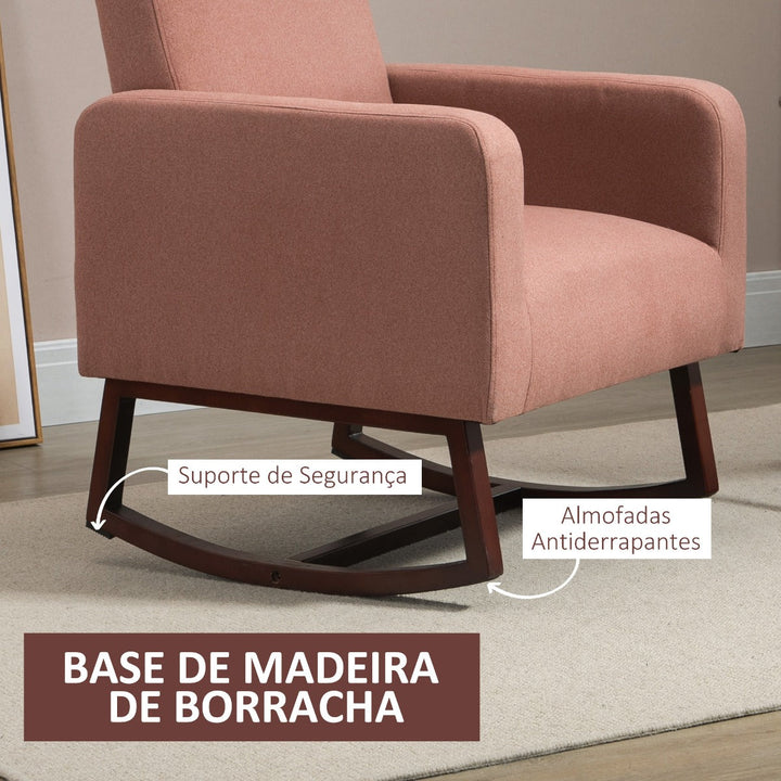 Poltrona Baloiço Estofada em Flanela Cadeira de Baloiço Relax com Assento Apoio para os Braços Acolchoados e Base de Madeira Ideal para Lactancia 72x75x105cm Rosa