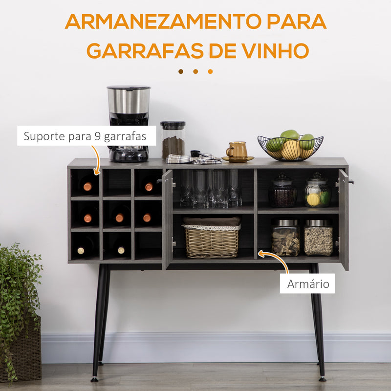 Aparador de Cozinha Móvel Buffet Auxiliar com 2 Portas Suporte para 9 Garrafas de Vinho e Pés de Metal para Sala de Estar Sala de Jantar 106,6x40x82cm Cinza e Preto