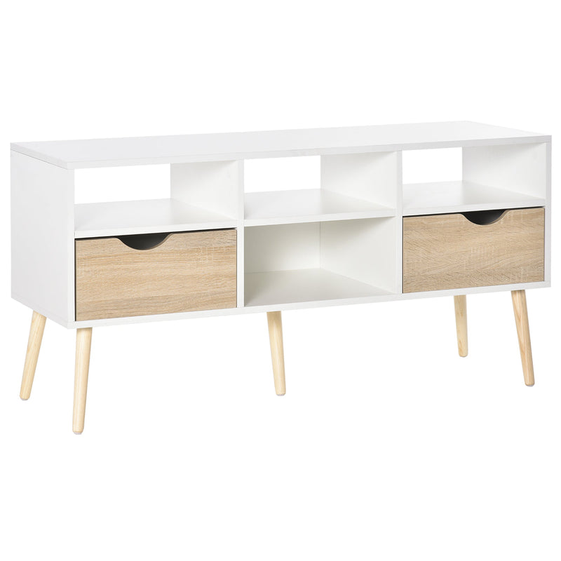 Móvel de TV com 2 Gavetas e 4 Compartimentos Pés de Madeira Dispositivo Anti Rolamento para Sala de Estar 117x39x57cm Branco e Madeira Natural