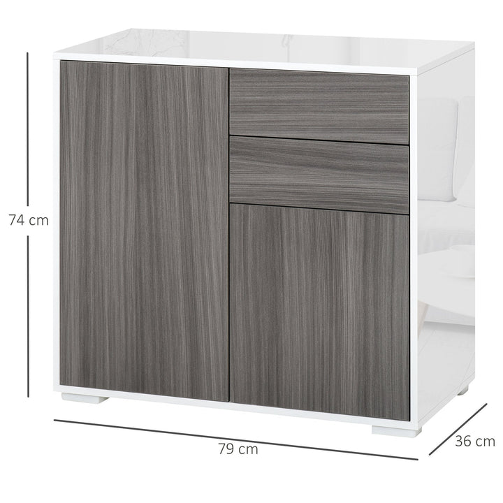 Aparador Auxiliar com 2 Portas 2 Gavetas e Prateleira Ajustável Abertura a Pressão Móvel Organizador de Armazenamento para Dormitório Sala de Estar 79x36x74cm Cinza