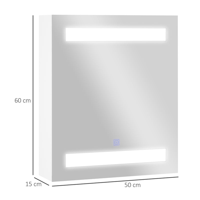 Armário Casa de Banho com Espelho e Luz LED Armário com Espelho com 2 Prateleiras de Armazenamento e Interruptor Tátil 550x15x60 cm Branco