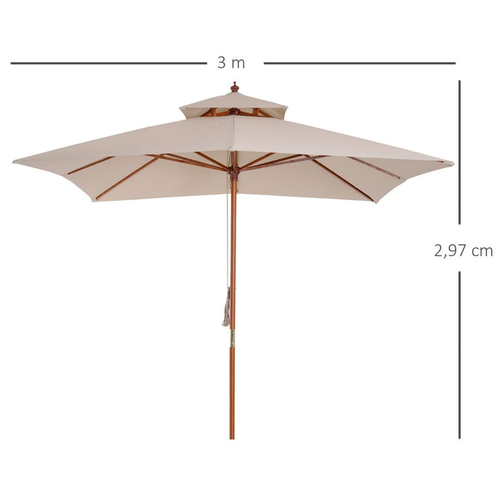 Guarda-sol 3x3 m de Bambu Madeira para Jardim Terraço Pátio Praia Tecto Duplo Rectângulo Poste de 48mm Creme