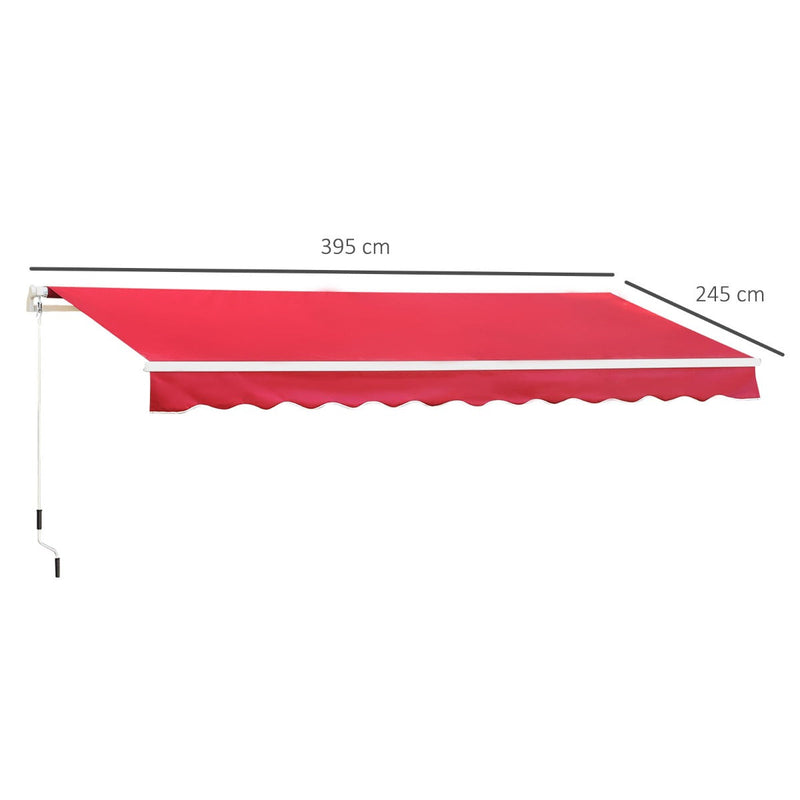 Toldo de Alumínio Manual Dobrável 395x245cm com Manivela para pátio Varanda Jardim e Terraço Tecido de poliéster 280g m² - Vermelho