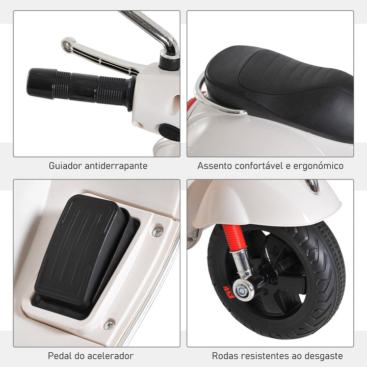 Mota elétrica vespa para crianças acima de 3 anos bateria 6V com musica faroie e rodas auxiliares Carga 25 kg branco