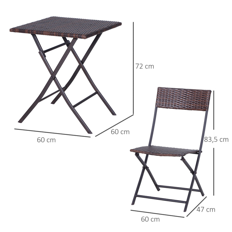 Conjunto de 3 Peças de Rattan Conjunto de 2 Cadeiras e Mesa para Pátio Varanda Jardim Dobrável Desenho Trançado Elegante Mesa de 60x60x72 cm Cor Marrom