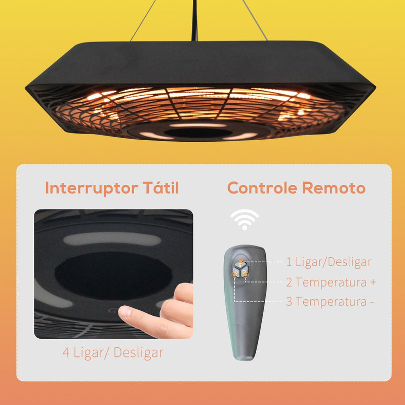 Aquecedor Elétrico de Teto com 3 Faixas de Temperatura 800W/1200W/2000W Iluminação LED Controle Remoto e Interruptor Tátil IP45 45x45x10cm Preto