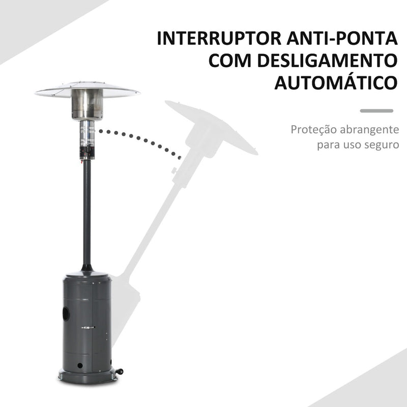 Aquecedor de gás para varanda 12,5KW Tipo guarda-sol Aquecedor de pátio com desligamento automático rodas e cobertura Ø81,5x225 cm Cinza carvão