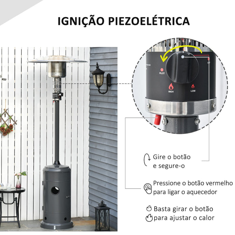 Aquecedor de gás para varanda 12,5KW Tipo guarda-sol Aquecedor de pátio com desligamento automático rodas e cobertura Ø81,5x225 cm Cinza carvão