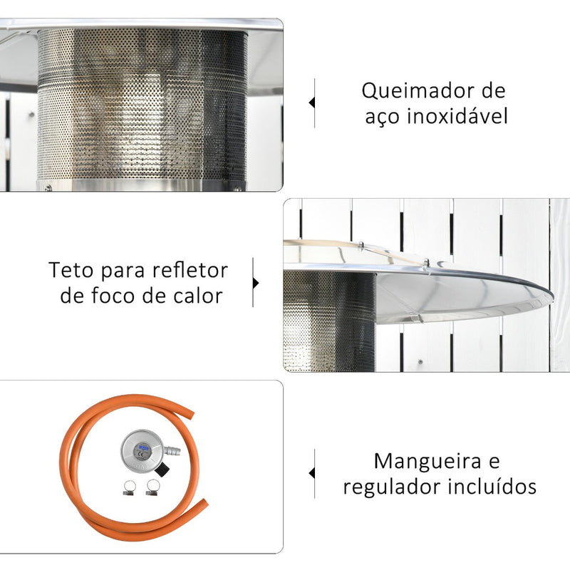 Aquecedor de gás para varanda 12,5KW Tipo guarda-sol Aquecedor de pátio com desligamento automático rodas e cobertura Ø81,5x225 cm Cinza carvão