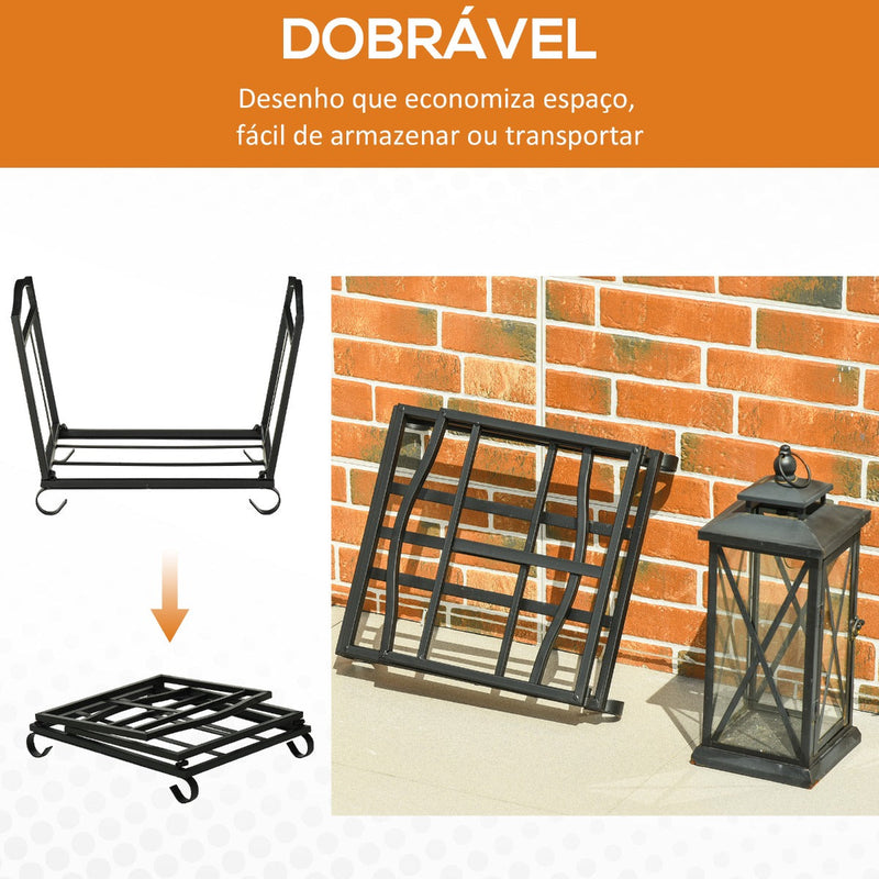 Suporte para Lenha Dobrável Porta Lenha Interior e Exterior Metálico com Grade e Base Elevada Carga Máxima 50kg 48x34x37cm Preto