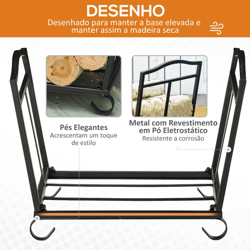 Suporte para Lenha Dobrável Porta Lenha Interior e Exterior Metálico com Grade e Base Elevada Carga Máxima 50kg 48x34x37cm Preto