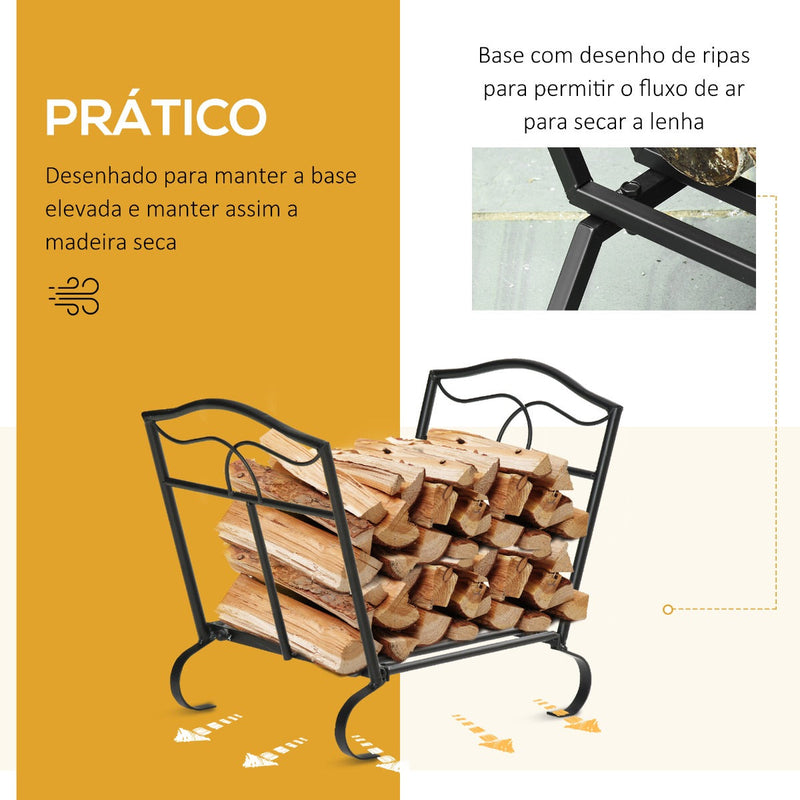 Suporte para Lenha Metálico Porta Lenha Exterior e Interior com Grade e Base Elevada Carga Máxima 40kg 47x30x38cm Preto