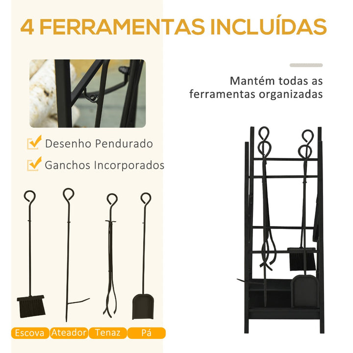 Suporte para Lenha de 2 Níveis Porta Lenha Exterior e Interior Metálico com 4 Ferramentas para Lareira Carga Máx. 70kg 44,5x29,x73 cm Preto