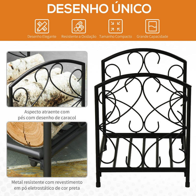 Suporte para Lenha Metálico Porta Lenha Exterior e Interior com Grade e Base Elevada Carga Máxima 50kg 39,5x31,5x39,5cm Preto