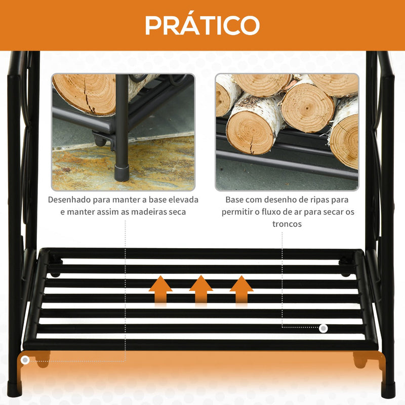 Suporte para Lenha Metálico Porta Lenha Exterior e Interior com Grade e Base Elevada Carga Máxima 50kg 39,5x31,5x39,5cm Preto